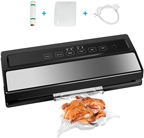 Vacuum Sealer Machine with Automatic Vacuum Air Sealing System with Bonus Starter Kit of Saver Roll, Bags and Hose for Food Preservation, Black