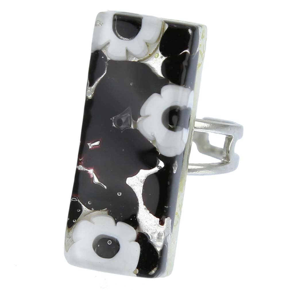Glass Of Venice Murano Glass Venetian Reflections Rectangular Adjustable Ring - Dark Purple Silver