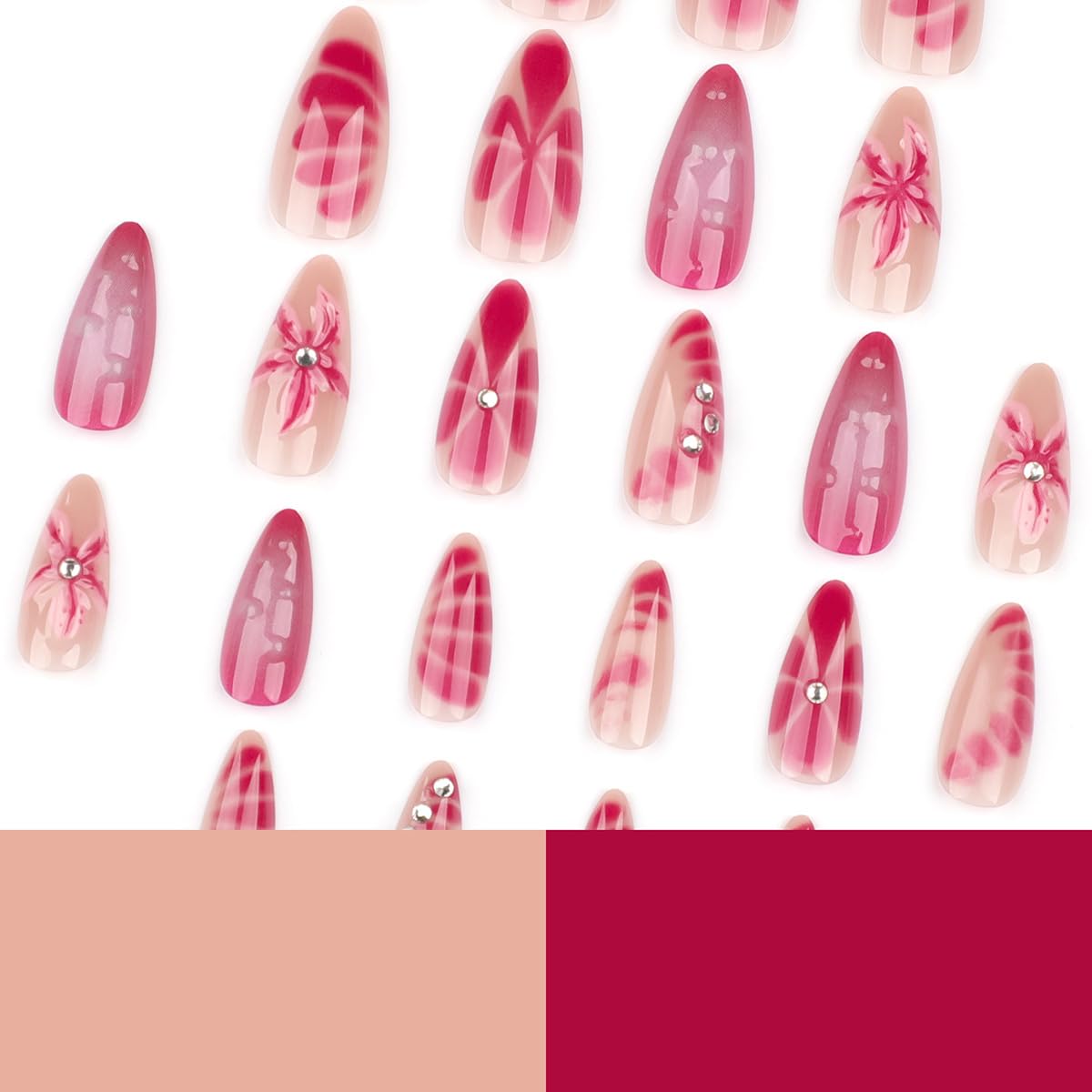24 Pcs Fall Winter Press on Nails Short Almond - YEFIUO Pink Red Fake Nails Press ons French Nail Art Tip Full Cover Acrylic False Nails Glue on Nails Kit with 3D Red Flowers Floral Design for Women - Image 3