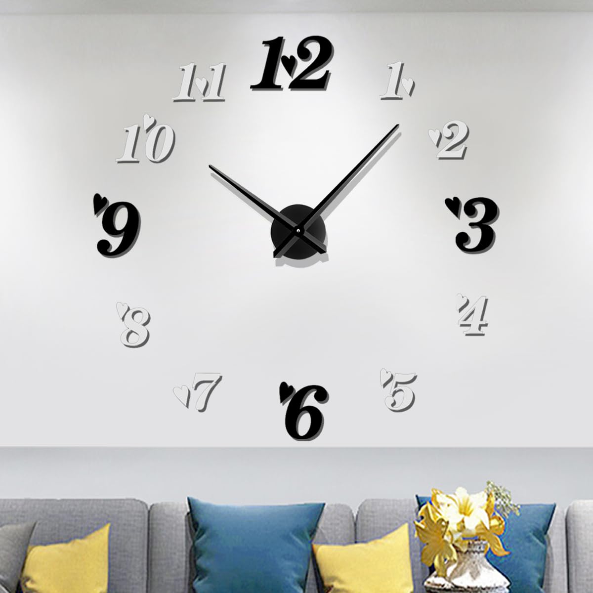 Meyiert Modern Mute DIY Frameless Large Wall Clock 3D Mirror Effect Acrylic Sticker Metal Big Watches Wall Clock (Black Silver)