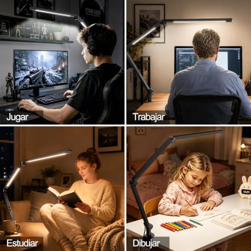 Lampara de Escritorio LED con Pinza, Doble Fuente de Luz 1500LM CRI>95, Lámpara de Mesa con Brazo Ajustable 7 Articulaciones, 4 CCT y 5 Brillos, Luz para Monitor y Home Office