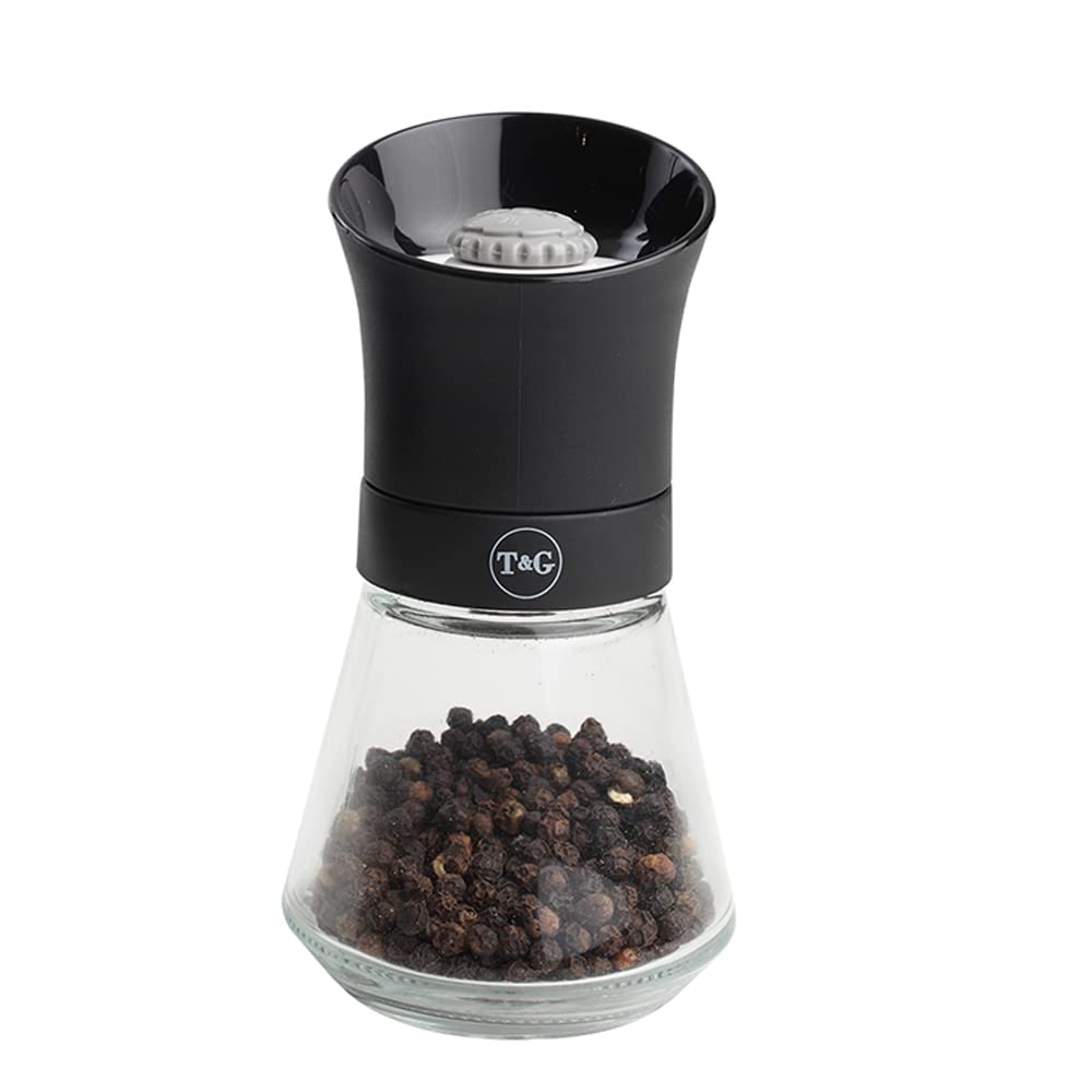 T&G 11090 CrushGrind Tip Top Pepper | Peppercorn Mill with Glass Base, 12.5 cm, Black | Gourmet Fully Adjustable Ceramic Manual Grinder | Shaker | Coarse & Fine | Easy Fill