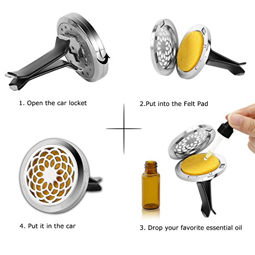 2 Pack Premium Car Fragrance Essential Oil Perfume Diffuser — Stainless Steel Air Freshener Locket Ugprade Car Vent Clip 22 Replacement Felt Pads, Cloud and Sunflower