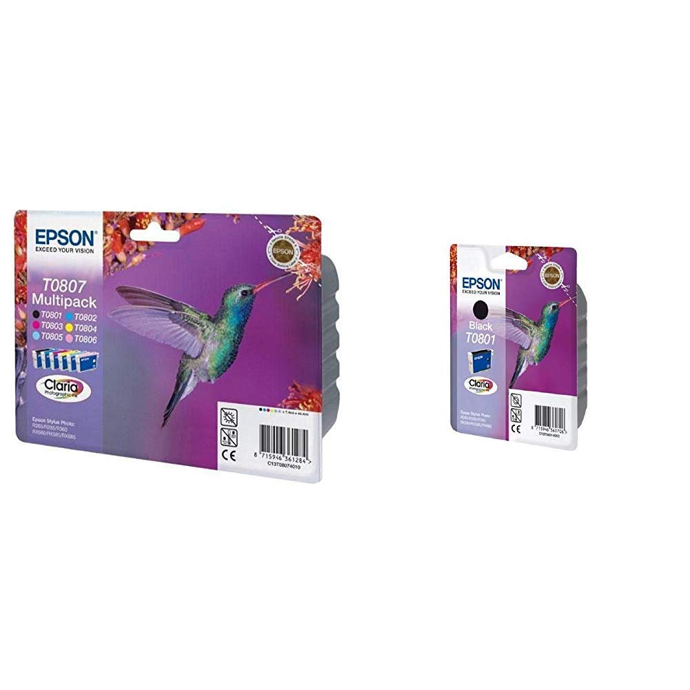 Epson Multipack Ink Cartridge for Stylus PH R265/R360, Six Colour Ink, Genuine &C13T08014011 Original T0801 Claria Ink Cartridge, Black, Genuine