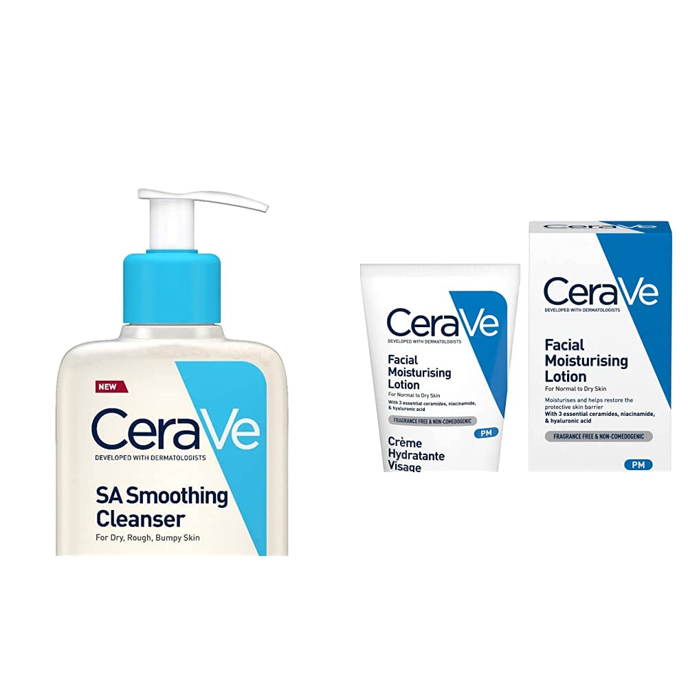 CeraVe SA Smoothing Cleanser | 236ml/8oz | Face and Body Wash with Salicylic Acid & PM Facial Moisturising Lotion, 52 ml / 1.75 oz, Daily Facial Moisturiser with Niacinamide for Normal to Dry Skin