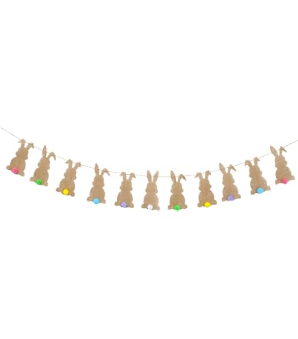 Fufuddz Happy Easter Banner Decorations Set – 4-Piece Felt Bunny & Eggs Garland With Pom Poms For Spring Party