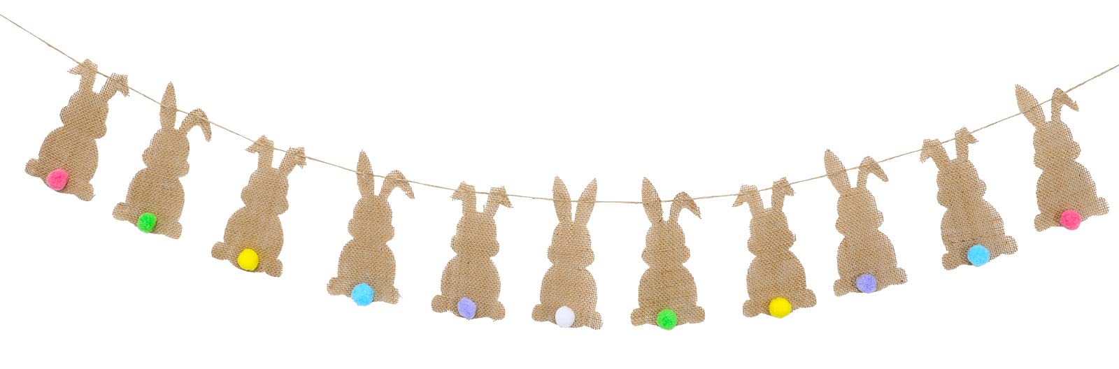 Whaline Easter Banner with String Cute Bunny Burlap Banner Colorful Tail Pre-Assembled Easter Bunting Garland Celebration Hanging Decoration for Home Spring Themed Party Supplies