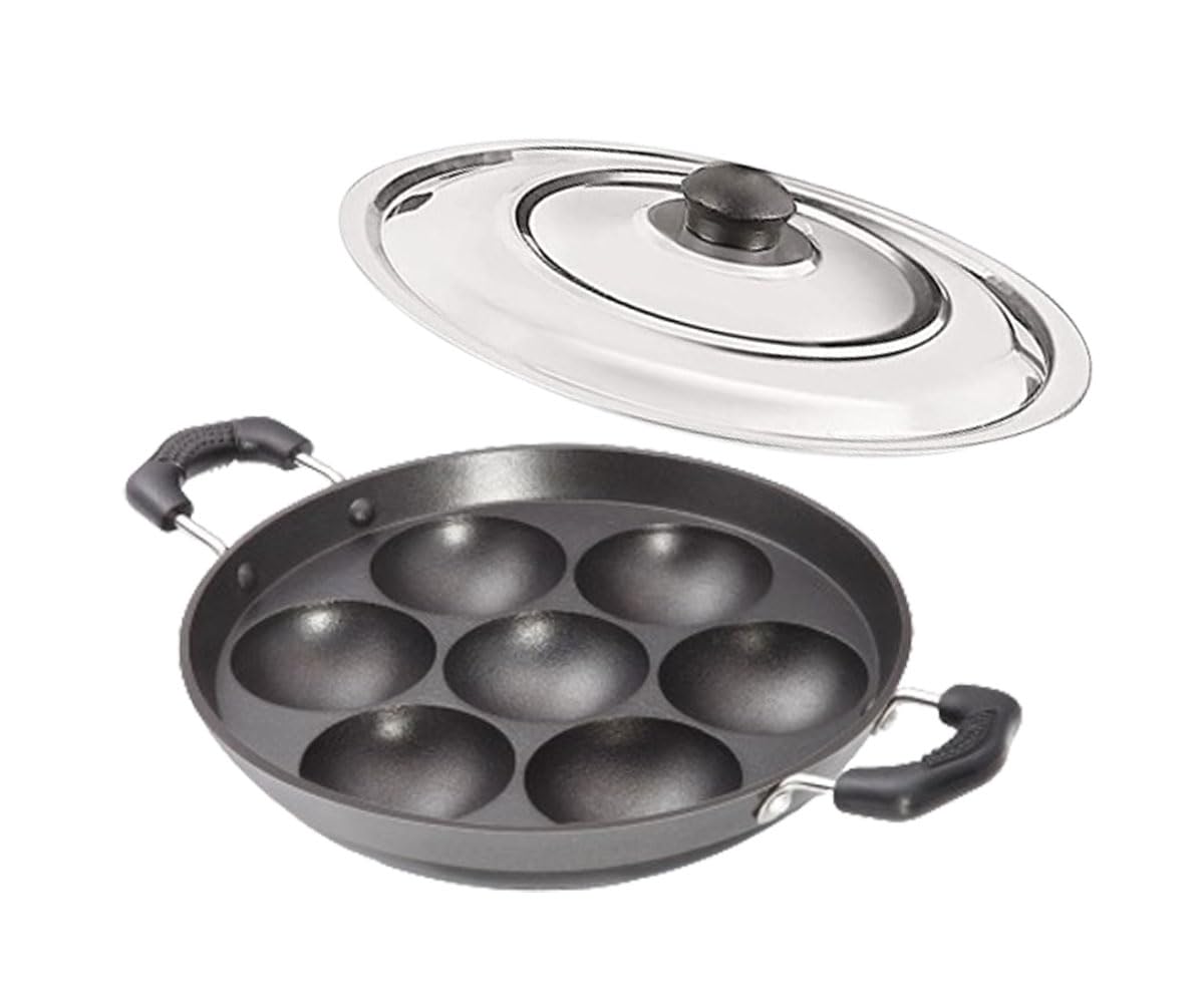 Satre Online and Marketing Small 7 Cavity Non-Stick Aluminium Heavy Induction Base Appam Pan with Steel Lid - Black,Silver,Red