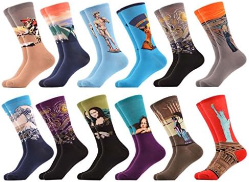 PinkBTFY 12 Pairs Men's Colorful Argyle Combed Cotton Socks Funny Striped Dot Crew Socks 05214