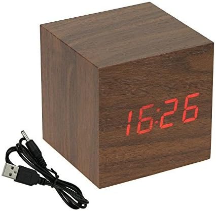Voice Control Cube Usb/aaa Wood Wooden LED Alarm Digital Desk Clock Thermometer (Brown LED Red)