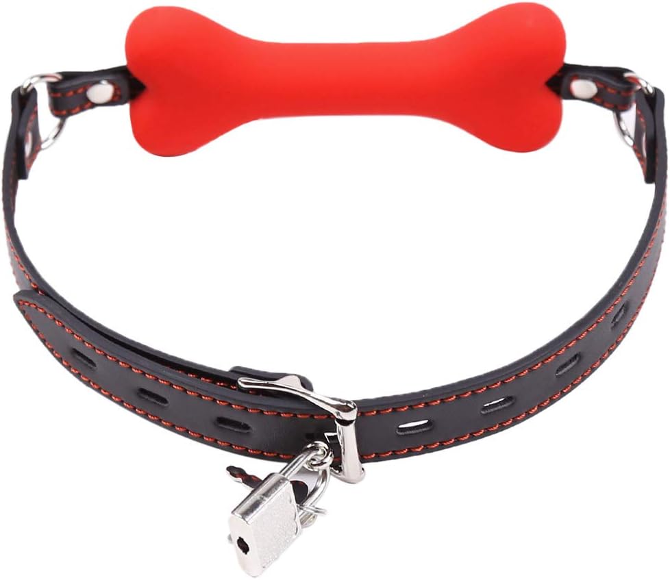 MyCHIC PU Leather Straps Dog Bone Shape Silicone Mouth Ball Gag For Men Women (Red with Lock)