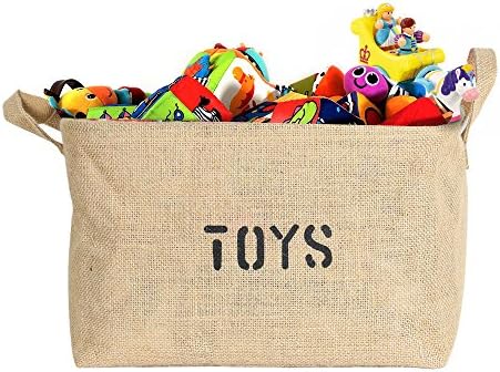 Collapsible Eco Friendly Jute Storage Box. Organize Toys, Laundry and everything in one basket! (Toys written on front)