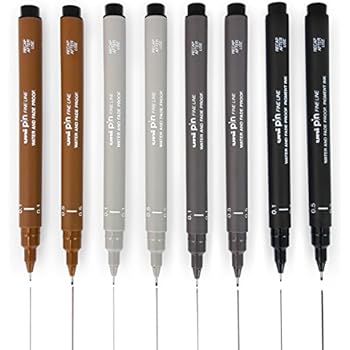 Uni Pin Fineliner Drawing Pen - Sketching Set of 8-0.1mm / 0.5mm - Black, Dark Gray, Light Gray, and Sepia