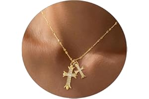 Warshion Cross Necklace 14K Gold/Silver Plated Double Cross Pendant Necklace Dainty Diamond Big Cross Charm Link Chain Choker Delicate Faith Jewelry