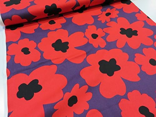 Amazon 北欧風大きな花柄 パープル地にレッド ツイル生地 北欧風 花柄 コットンこばやし 生地 布地 プリント コットン 入園 布 生地 通販