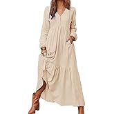 Linen Maxi Dress for Women, Boho Casual Long Sleeve V Neck Pleated Dresses, Beach Vacation Flowy Dress with Pockets