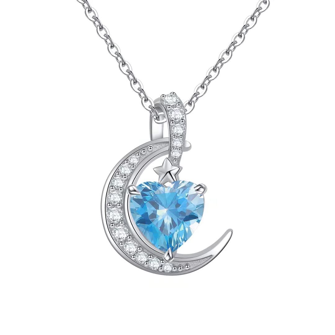 Qings Topaz December Birthstone Necklace - Blue Heart Crescent Moon Necklaces Sterling Silver 925 Dainty Gifts Jewelry for Woman Mother in Law