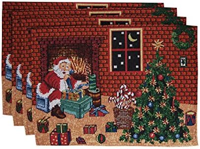 Best Token 4-piece Decorative Home Decor Jacquard Placemats Polyester-cotton Fabric Coaster Table Mats Pad for Dining Room 13”x19” -Christmas Holiday Pattern Series (Santa Gift)