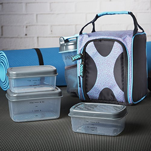 Fit & Fresh Jaxx FitPak Sport Insulated Meal Prep Lunch Bag with Reusable Portion Control Container Set and 20 oz. Shaker Cup (Pink Aqua Shape Shifter)