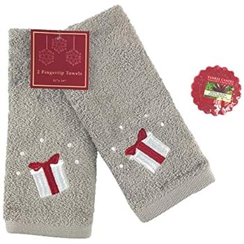 Christmas Gnomes Theme Towel Set: Grey Fingertip Towel Embroidered with Red and White Surprise Present (2 Pc, 11