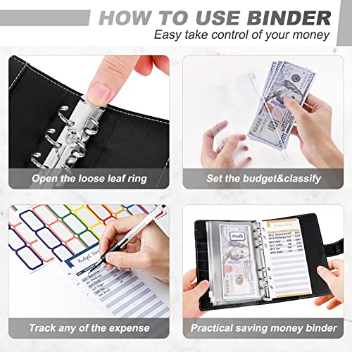 TAOPE Classeur Budget avec Enveloppe Budget, Classeur A6 Budget Planner Sets en PU Cuir, Carnet Budget 6 Anneaux Remplissable avec Pochettes Transparentes, Organisateur Enveloppe Budget Noir Pur