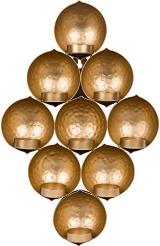 Planet Ethnic Metal Wall Mounted Tealight Candle Holder. Designer Unique 9 Leaf Hammered Finish. Handmade by artisans in India.
