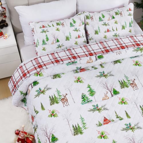 FRAMICS 3 PIECE CHRISTMAS REVERSIBLE QUILT SET QUEEN SIZE, RED PLAID LIGHTWEIGHT COMFORTER SET, GREEN WATERCOLOR PINE TREE REINDEER SNOWHOUSE CHRISTMAS QUILT, 90″ X 90″, 1 QUILT+2 PILLOW SHAMS