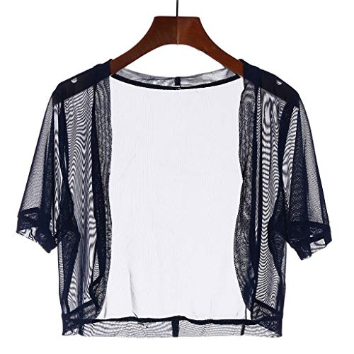 Summer Womens Tops Semi Sheer Short Sleeve Corp T-Shirt Chiffon Solid Basic Shrug Open Front Bolero Cardigan Tops Navy - Thumbnail 6