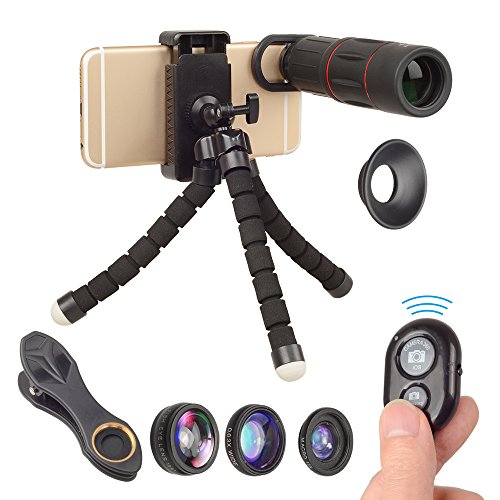 -Mobile Photography 6 in 1 Kit- Monocular Telescope 18 X 25 Zoom Lens with Smartphone Adapters, 4 Variant Lens, Flex Tripod, Remote Shutter Button for Travel, Concerts, Wildlife, Events