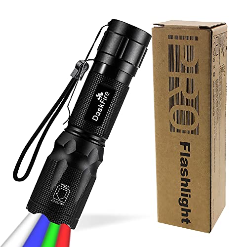 DaskFire 4 in 1 LED Torch Super Bright 900 Lumen Red & Green Light Blue Light Multifunctional Handheld Flashlight Adjustable Focus Waterproof Pocket Torch for Camping Outdoor