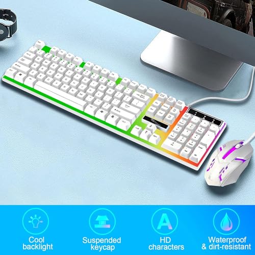 SKY-TOUCH G21 Computer Gaming Keyboard and Mouse Combo :Keyboard with Flexible Polychromatic LED Lights Mechanical Feel Wired USB Working Keyboard Mouse Set for Windows Computer(White)