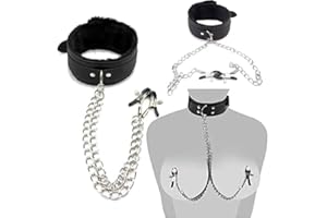 Black Neck Collar & Nipple Clamps Metal Clip Stainless Steel Non Piercing PU Leather Nipple Clips Rings with Choker Chain Res
