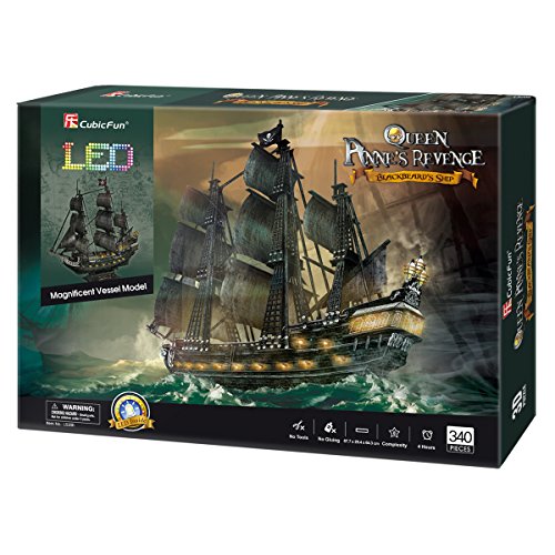 CubicFun L520h Queen Anne's Revenge Pirate Ship Model Kit (with LEDs) 3d Puzzle, Large 340 Pcs