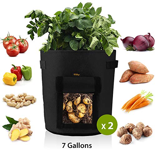 Mixhome 2 Pcs Potato Grow Bag, 7 Gallon Vegetable Planter Bag, Visualized Nylon Button Window and Handles, Gardening Vegetable Planter Container, Garden Vegetable Growing Bags (Black)