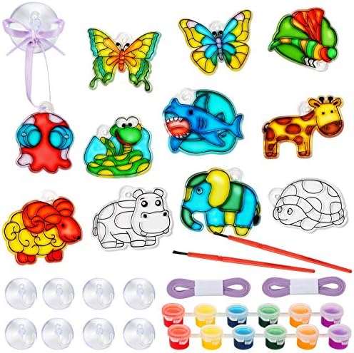 Woiworco Window Paint Artwork Package for Youngsters Suncatchers Paint Set for Kids’s DIY Craft with 12 Types Animal Solar Catchers, 12 Suction Cups, 6-Shade Paints and Ribbon for Hanging