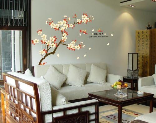 Magic Decals Flower Tree Red Birds Leaves Korean Words Wall Decal Mural for Home Decor