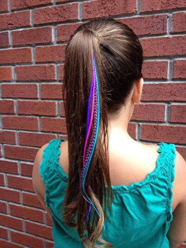 Feather Hair Extensions, 100% Real Rooster Feathers, Long Pink, Purple, Blue Colors, 20 Feathers with Bonus FREE Beads and Loop Tool Kit