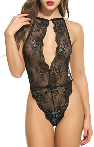 Cralove Women Deep V Halter Lingerie Set Lace Babydoll Mini Bodysuit, Black, Small