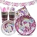 New Unicorn Birthday Party Supplies and Decorations -105 Piece Pack Girls Party Supply Set with Plates, Napkins, Cups, Cutlery and Decorations/Serves 12