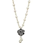 CareUToo Fashion Rhinestone Black Rose Pearl Necklace ，Long Pendant Necklace for Women ，Vintage Costume Jewelry, Black, White