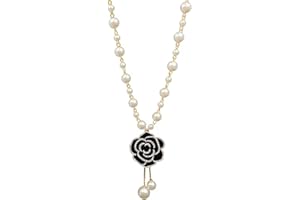 CareUToo Fashion Rhinestone Black Rose Pearl Necklace ，Long Pendant Necklace for Women ，Vintage Costume Jewelry, Black, White
