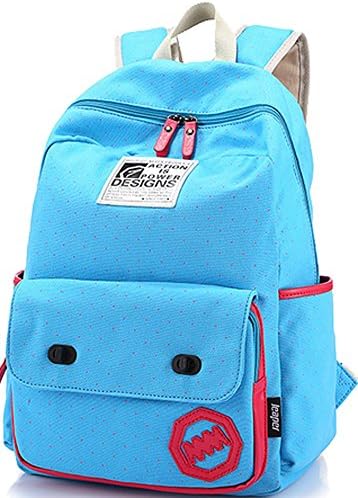 Casual Korean Style Lightweight Canvas Cute Polka Dot Printed School Backpack Schoolbag Travel Laptop Bag (16.9"H*5.9"W*12.2"L, Sky blue)