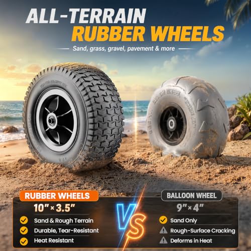 All-Terrain Beach Wagon with 10" x 3.5" Big Inflatable Rubber Wheels for Sand, 220L Collapsible Utility Wagon, 400 lbs Heavy Duty Folding Cart with 2 Cup Holders for Camping, Sports, Garden, Black