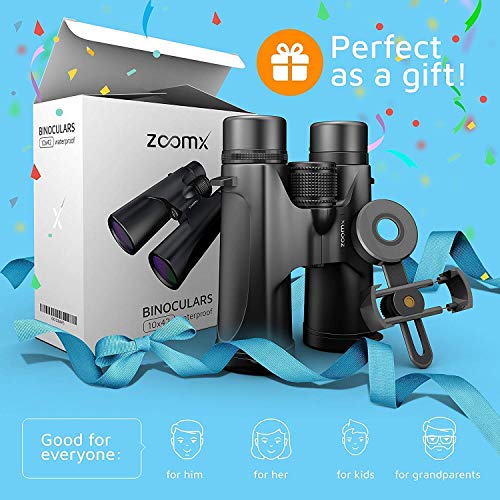 Stellax ZoomX Binoculars for Adults 10x42 Waterproof Lightweight Compact Binocular Prism BAK4 FMC Lens HD Binoculars for Bird Watching Hunting Traveling with Smartphone Adapter Carrying Bag Black