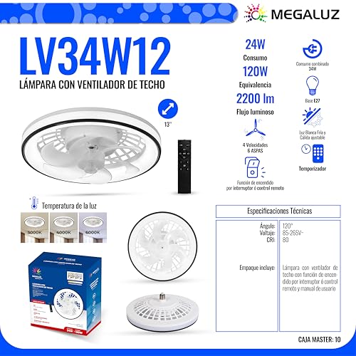 Megaluz LV34W12 Ventilador de techo con luz led y control remoto, 13”, luz blanca fría, neutra y cálida, 6 aspas desmontables, Abanico de techo enchufe E27, 4 velocidades y motor silencioso (Blanco).