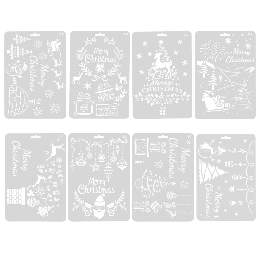 ONEBO 8 Pieces Christmas Drawing Stencils, Plastic Painting Stencils, Reusable Drawing Templates, for Scrapbooking, Painting, Christmas Decoration