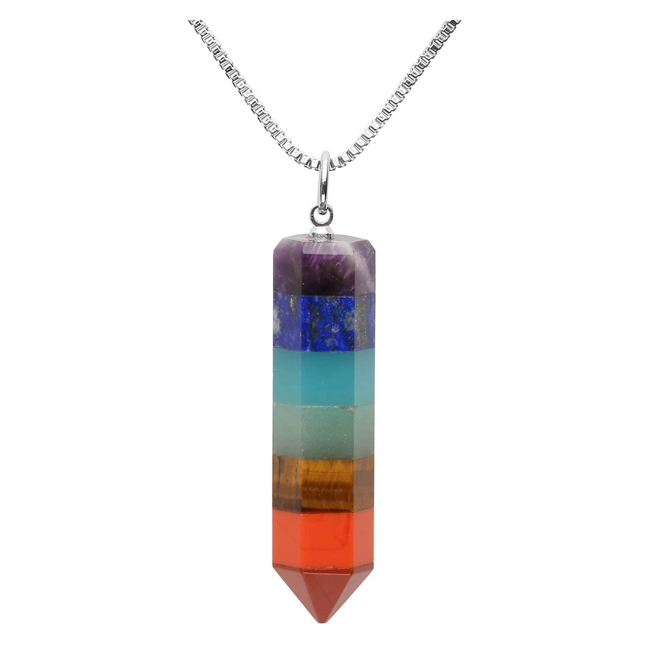 Jovivi 7 Chakra Healing Crystal Gemstone Hexagonal Pointed Reiki Chakra Stone Pendant Necklace Pendulum Jewellery Gifts for Women