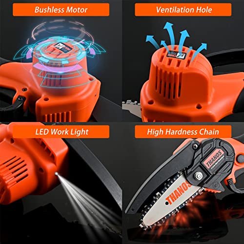 THANOS Mini Chainsaw Cordless,4 inch Electric Chainsaw,Brushless motor,One-Hand Operated Portable Pruning Chain Saw with 2 Batteries & Chains,for Garden Trimming Branch Wood Cutting