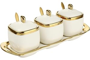 MAGNITT Porcelain Condiment Jar Spice Container with Tray Ceramic Serving Spoon and Lid, Spice Sugar Ceramic Condiment Pot Creative Seasoning Box for Your Home, Kitchen, Counter (White)