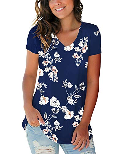 Women's T Shirts Short Sleeve V-Neck Loose Casual Basic Tee Tops Summer T-Shirt (Floral-Navy QW, Medium)